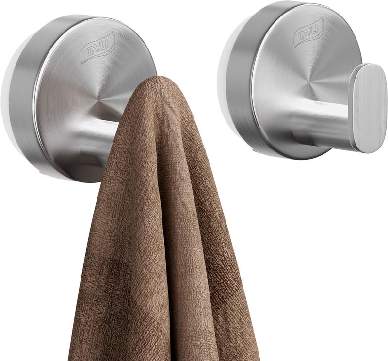 Taili 304 Stainless Steel Bathroom Suction Hooks for Towel, Bathrobe, Loofah, No Damage Hanging Glass Shower Wall Hook, Patented Strong Suction Cup Holder, Hold Up to 11 Lbs, 2 Pack, Silver - Image 1